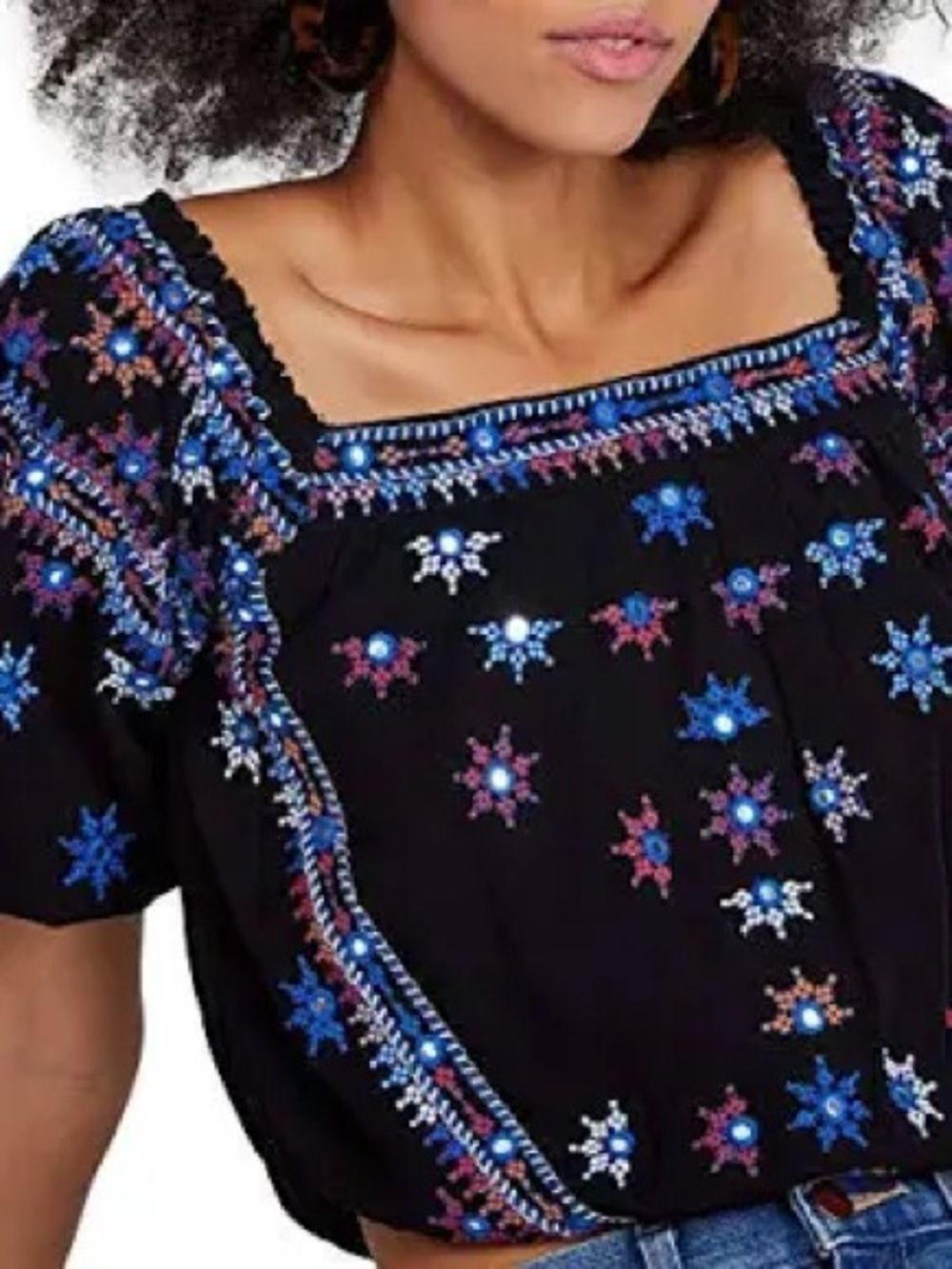 Free People Aurora Embroidered Square-Neck Crop Top - S